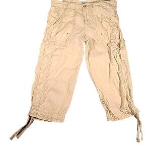 Calvin Klein Women's 100% Linen Cropped Cargo Pants Drawstring Legs Khaki Sz -8